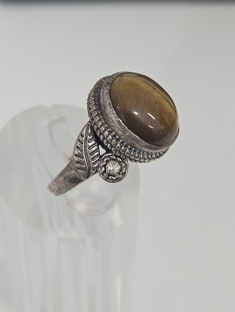 925 Tiger's Eye Gemstone Sterling Silver Leaf Detail Quartz Accent Ring Size 7